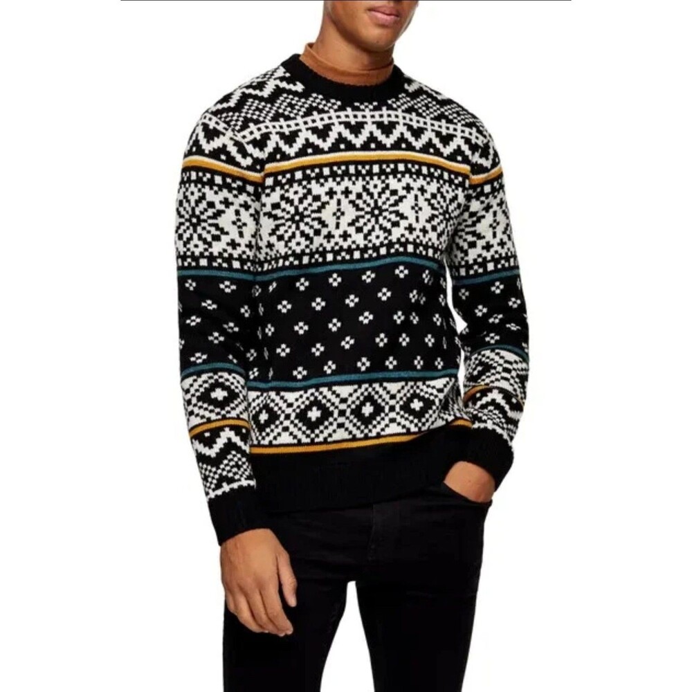 TOPMAN Men’s Black Fair Isle Knit Snowflake Sweater Size L Wool Blend NWT